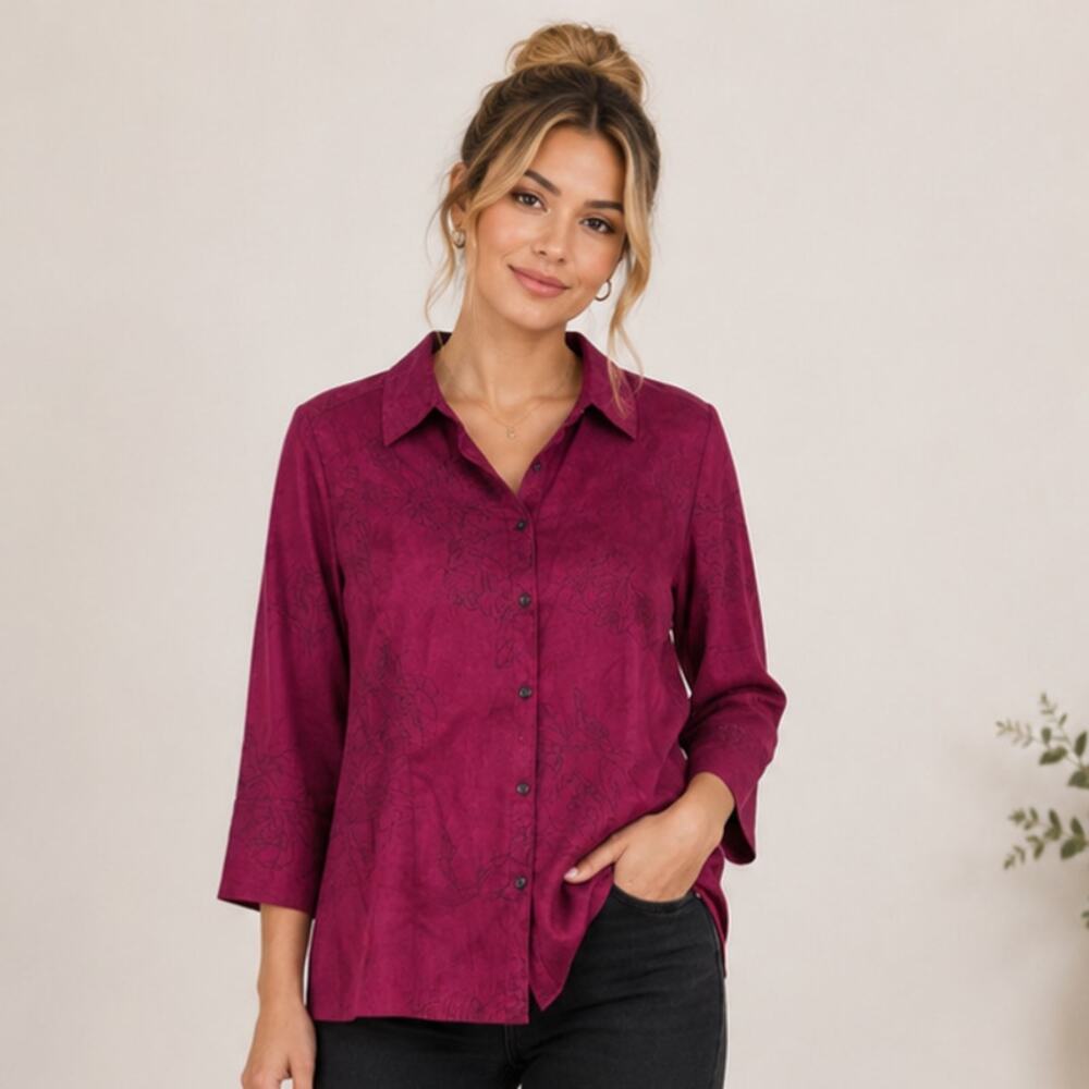 Sag Harbor Faux Suede Button-Up Embroidered Women's Size L Maroon Retro Casual